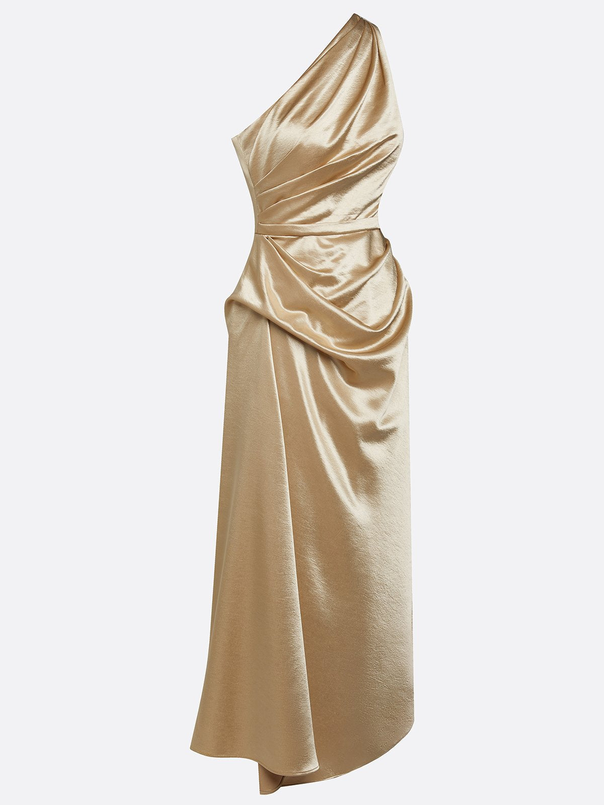 Mathilde | Satin One-Shoulder Ruched Midi Wedding Guest Dress