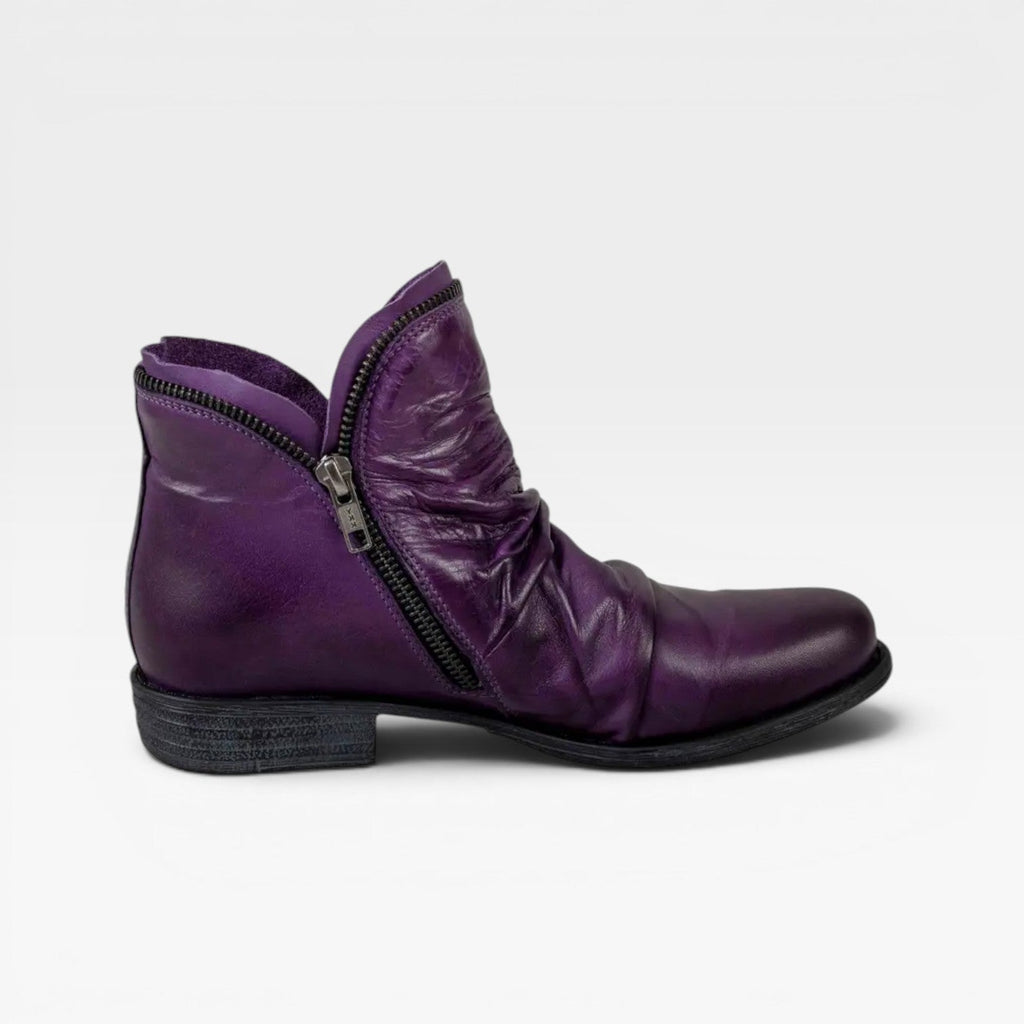 Liliana | Black Leather Low Heel Ankle Boots With Side Zip — Purple