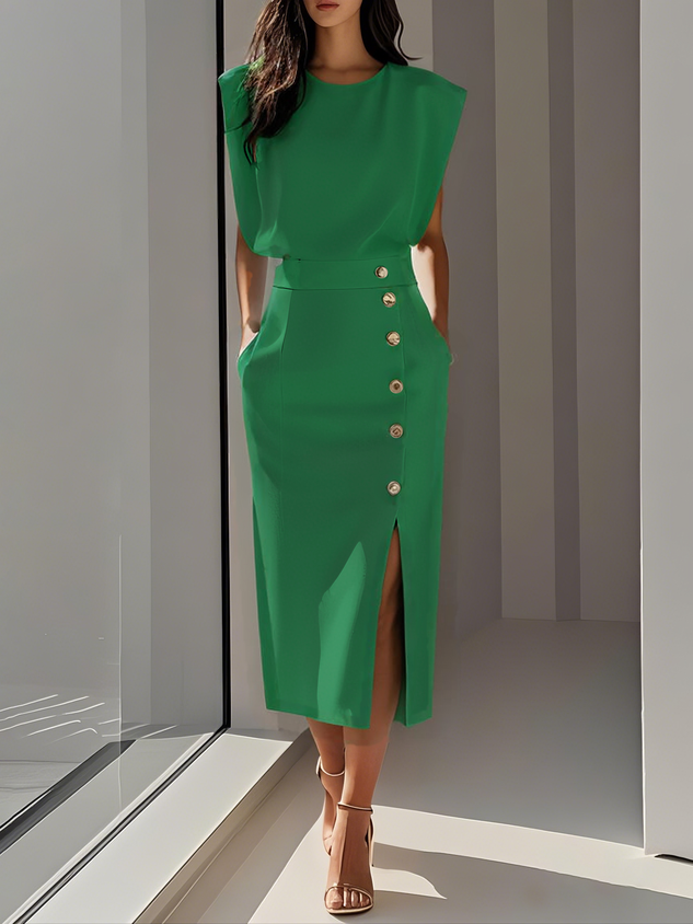 Octavia | Women Formal Midi Dress With Button Slit Detail — Green