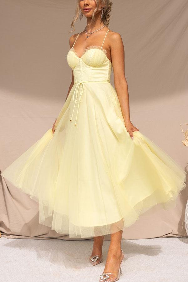 Amandine | White Tulle Corset Midi Dress Sweetheart Neckline