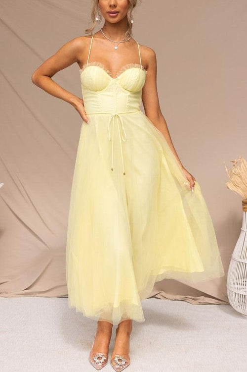Amandine | White Tulle Corset Midi Dress Sweetheart Neckline