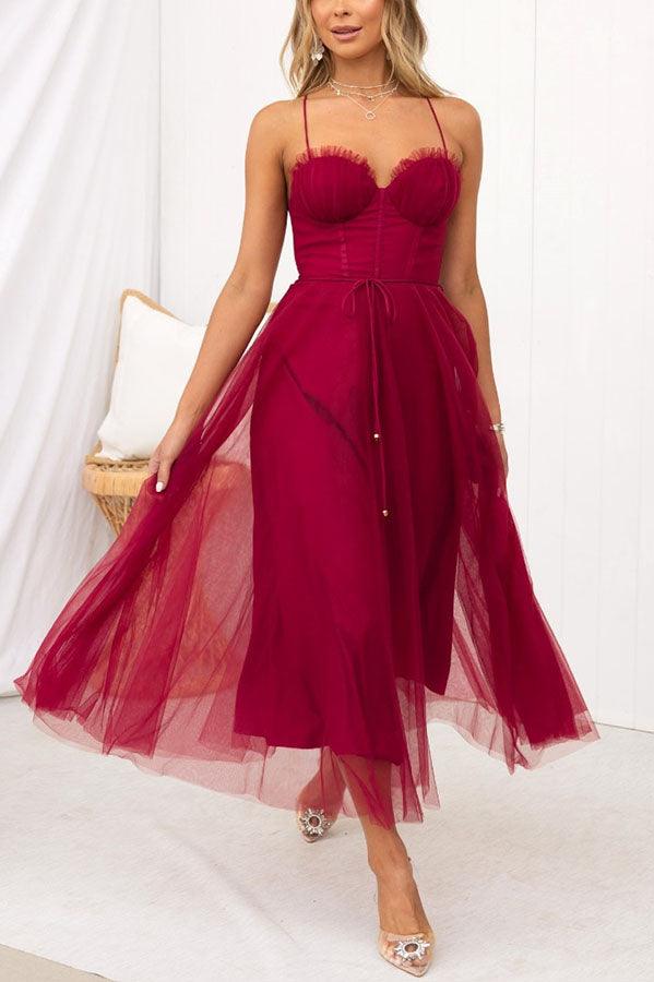 Amandine | White Tulle Corset Midi Dress Sweetheart Neckline