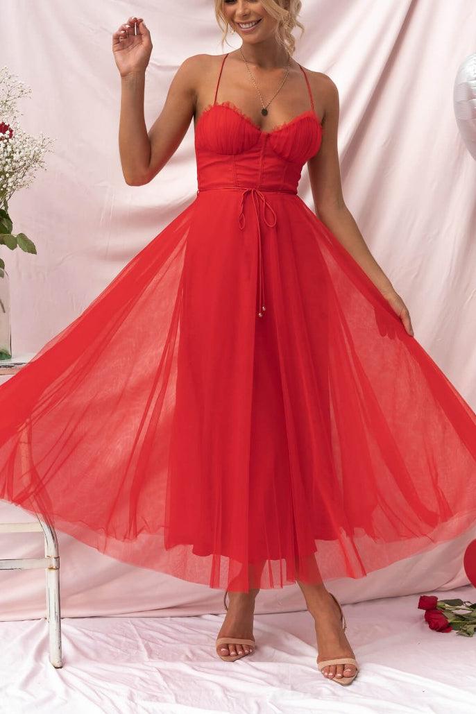 Amandine | White Tulle Corset Midi Dress Sweetheart Neckline