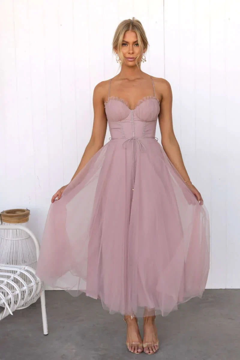 Esmee | Black Corset Tulle Midi Dress For Weddings And Events