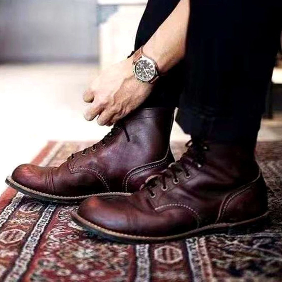 Hermione | Flat Lace Up Brown Black Leather Ankle Boots — Coffee