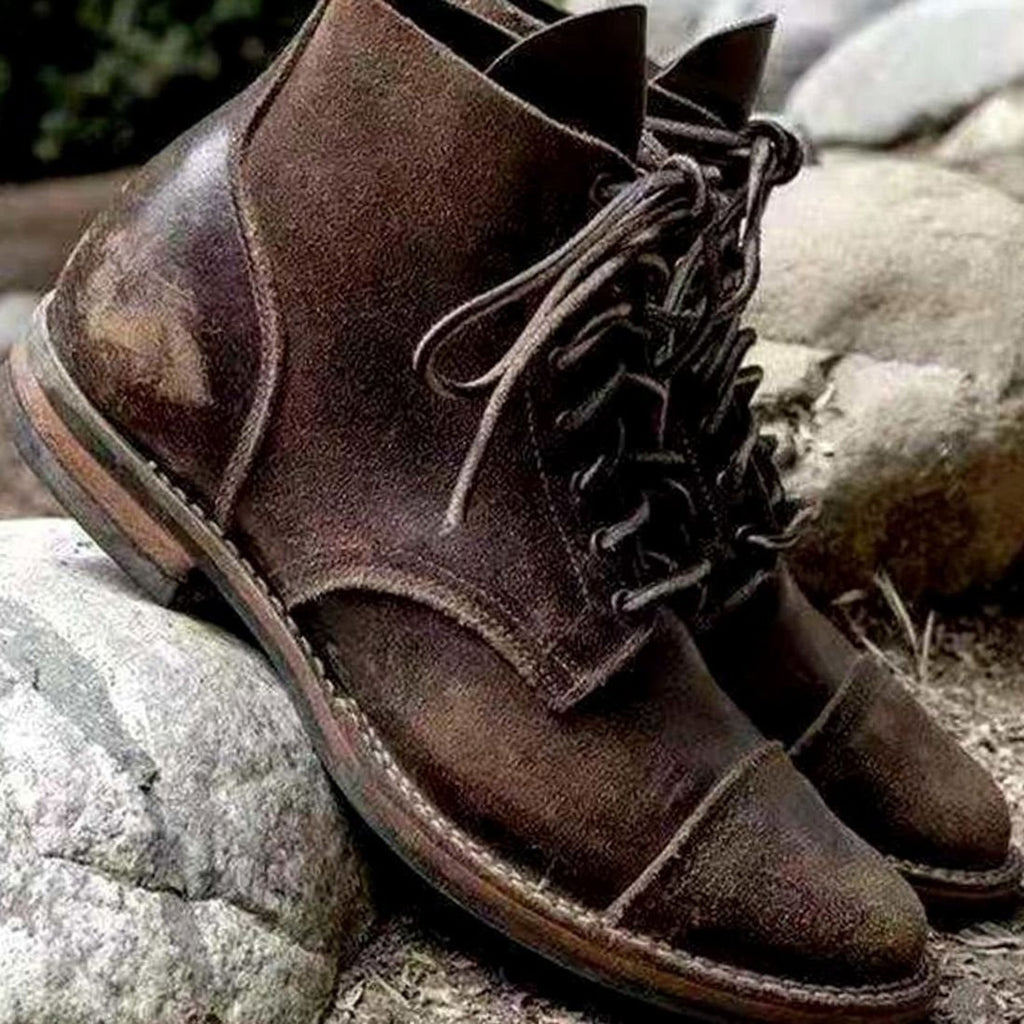 Hermione | Flat Lace Up Brown Black Leather Ankle Boots — Khaki
