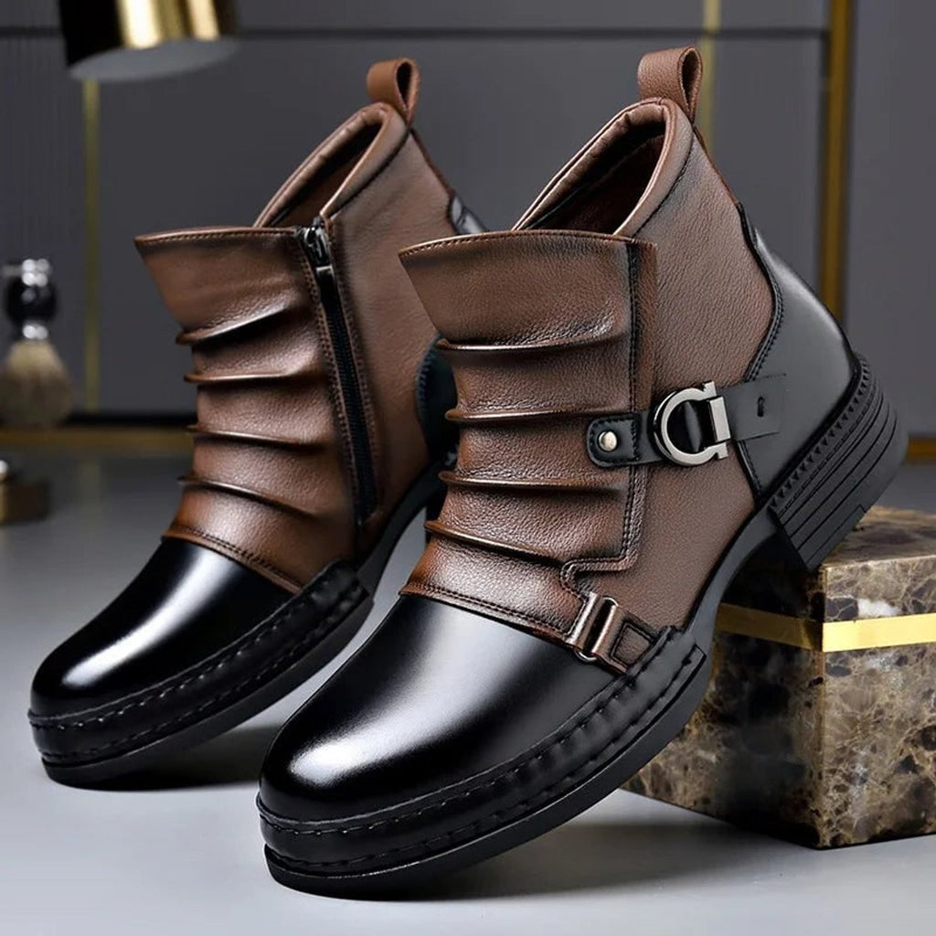 Beatrix | Black Strappy Closed Toe Ankle Strap Heels — Chestnut & Black Toe