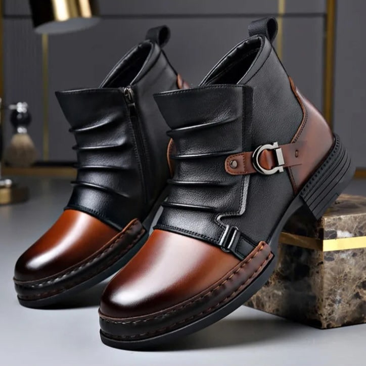 Beatrix | Black Strappy Closed Toe Ankle Strap Heels — Black & Cognac Toe