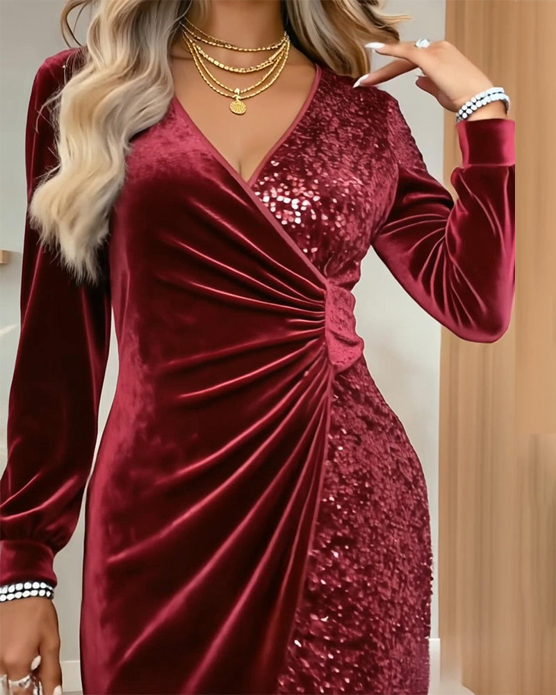 Fenella | Long Sleeve Velvet Sequin Mini Dress Green Silver White