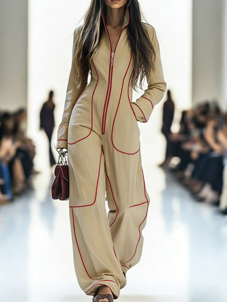 Josephine | Long Sleeve Wide Leg Denim Jumpsuit White Strapless — APRICOT