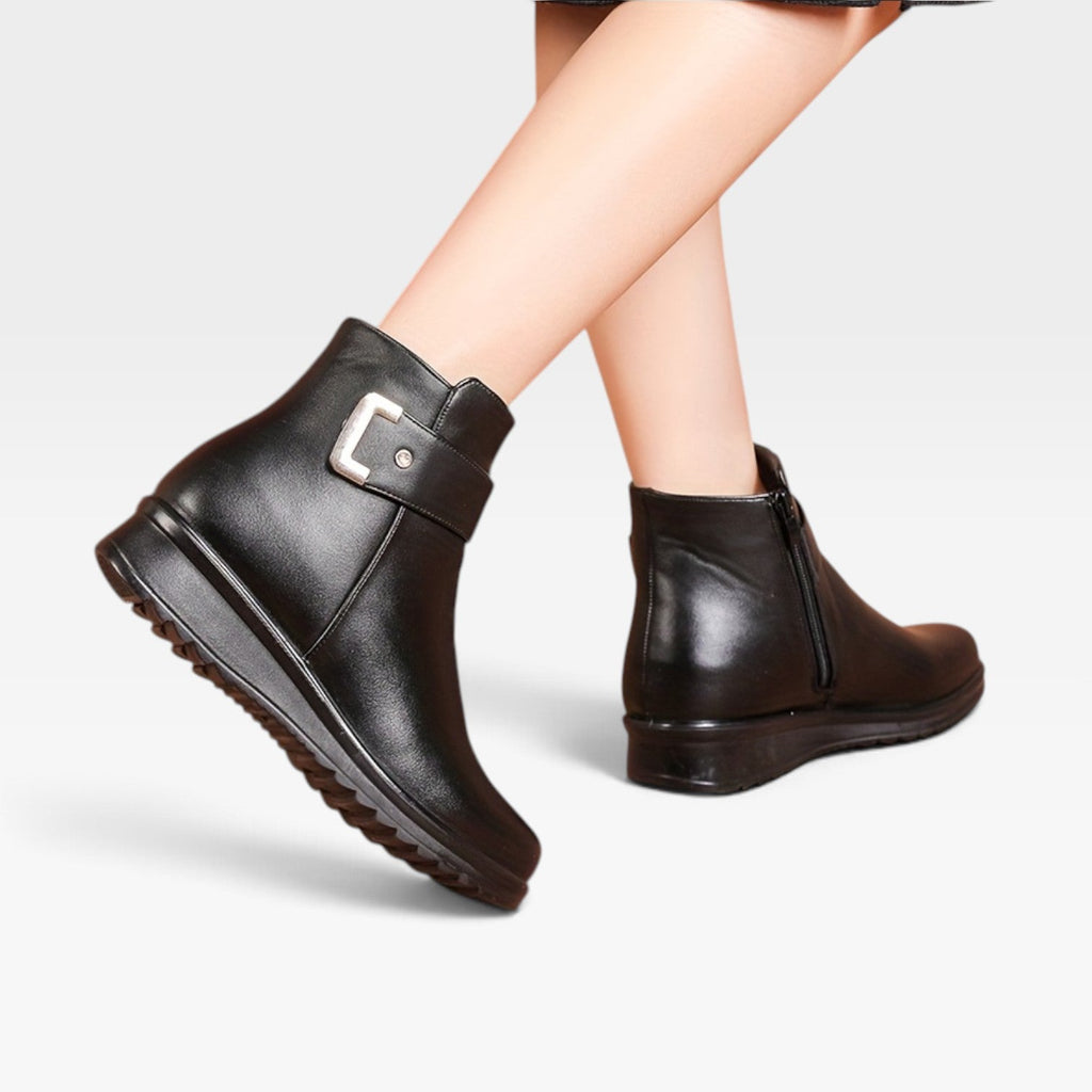 Thalia | Black Leather Low Heel Ankle Boots Flat