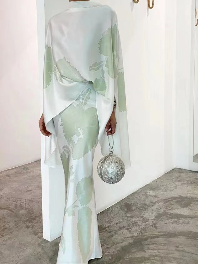 Thalia | Women Knitted Co-Ord Set Botanical Print Kimono Top Skirt — Pale Sage