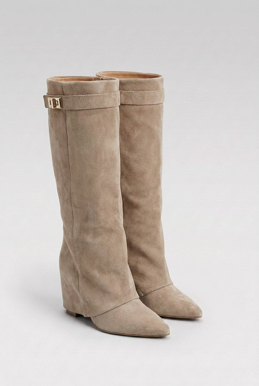 Alexandra | Black Block Heel Knee High Slouchy Heeled Boots — Beige