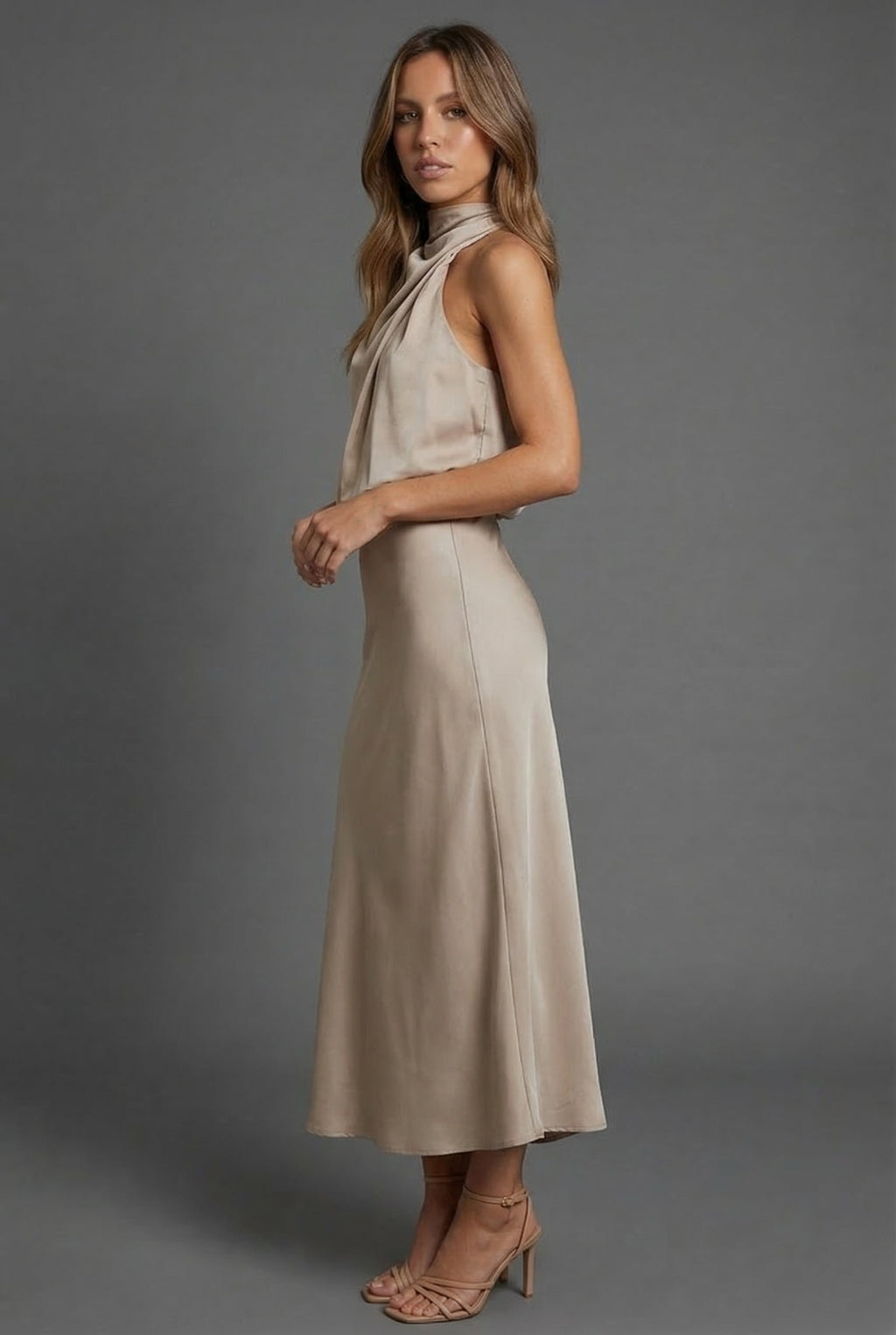 Hermione | Halter Satin Summer Wedding Guest Midi Dress