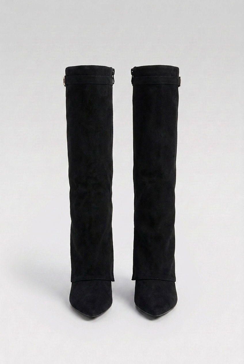 Alexandra | Black Block Heel Knee High Slouchy Heeled Boots