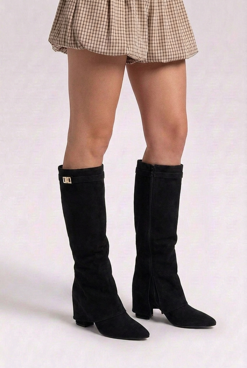 Alexandra | Black Block Heel Knee High Slouchy Heeled Boots
