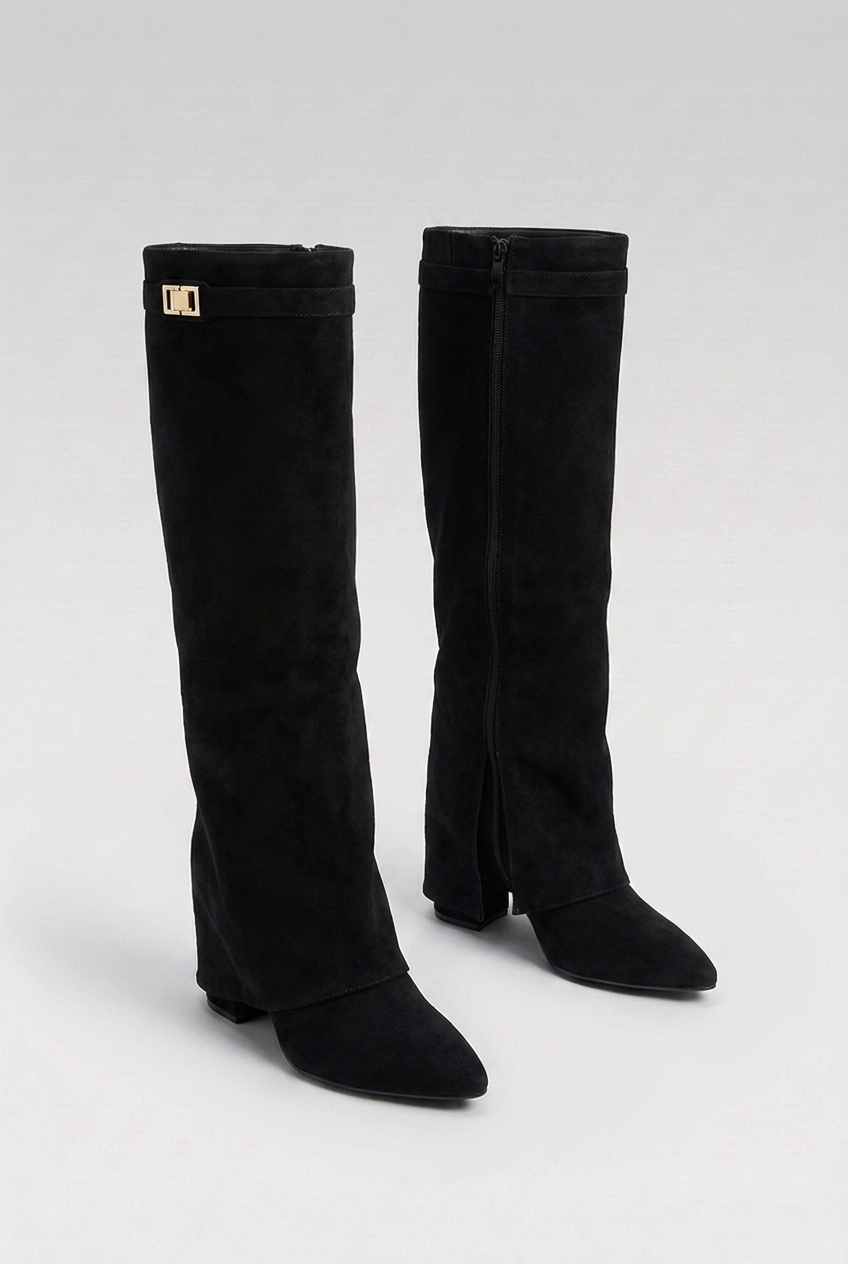 Alexandra | Black Block Heel Knee High Slouchy Heeled Boots — Black