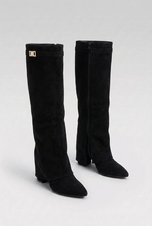 Alexandra | Black Block Heel Knee High Slouchy Heeled Boots — Black