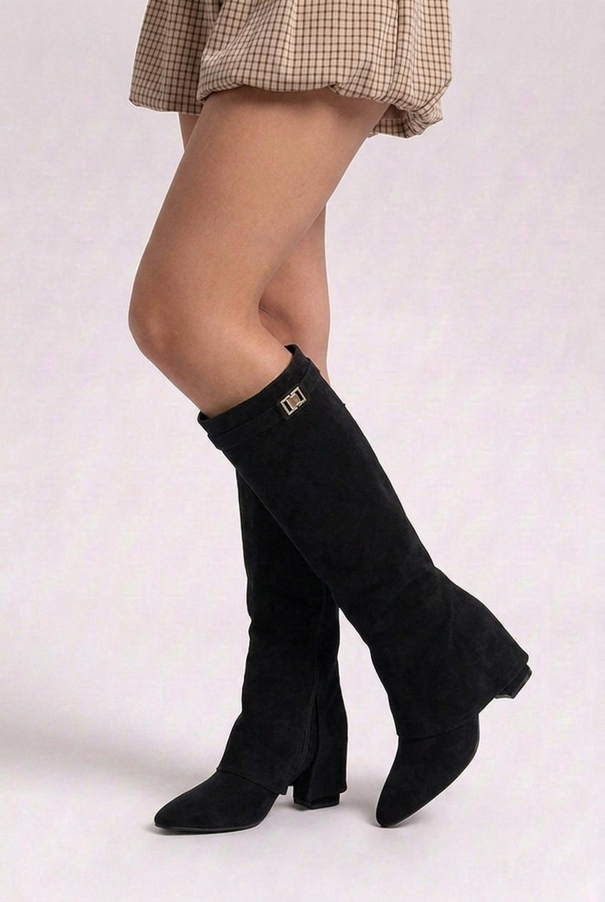 Alexandra | Black Block Heel Knee High Slouchy Heeled Boots