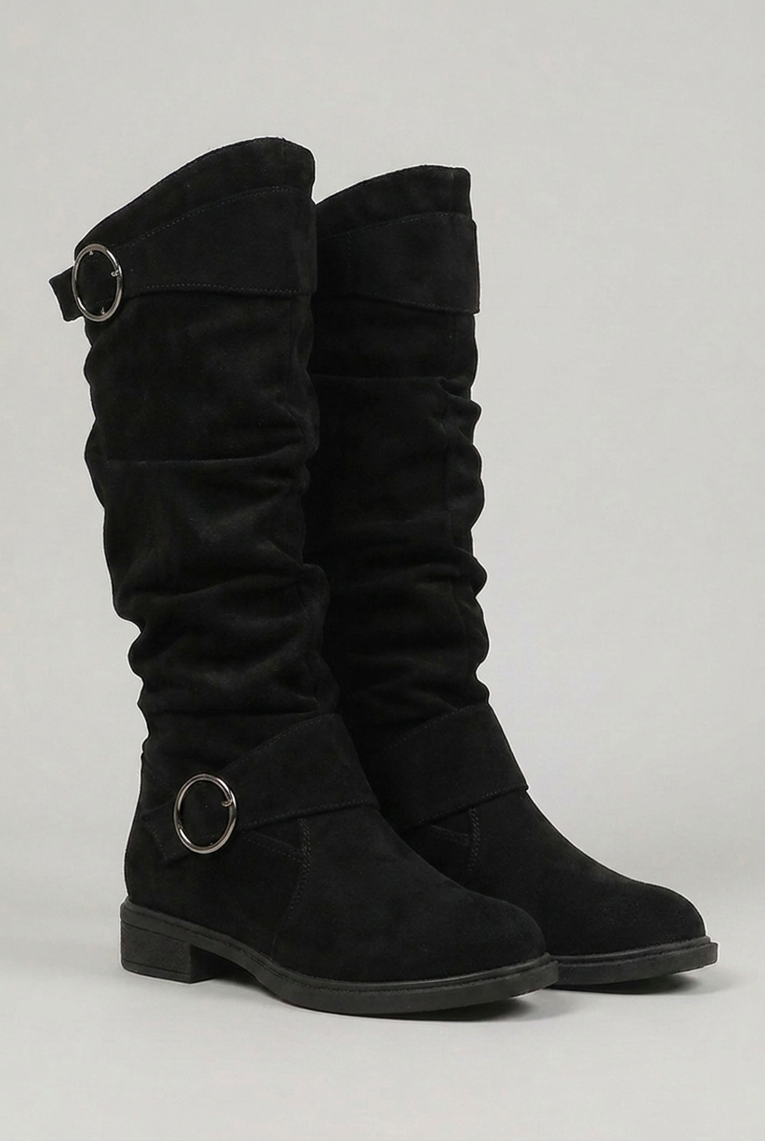 Giselle | Chunky Block Heel Knee High Black Leather Boots — Black