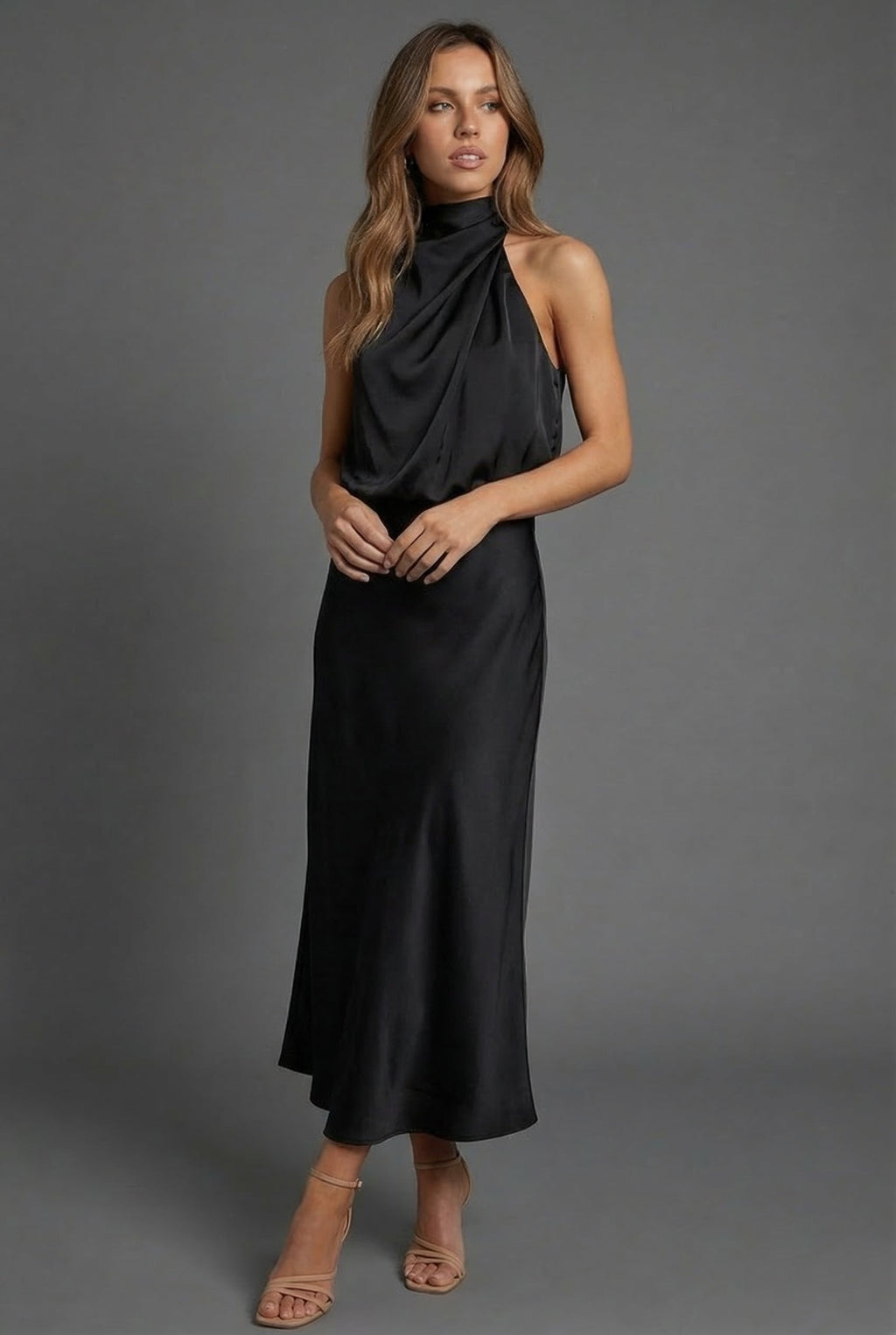Hermione | Halter Satin Summer Wedding Guest Midi Dress