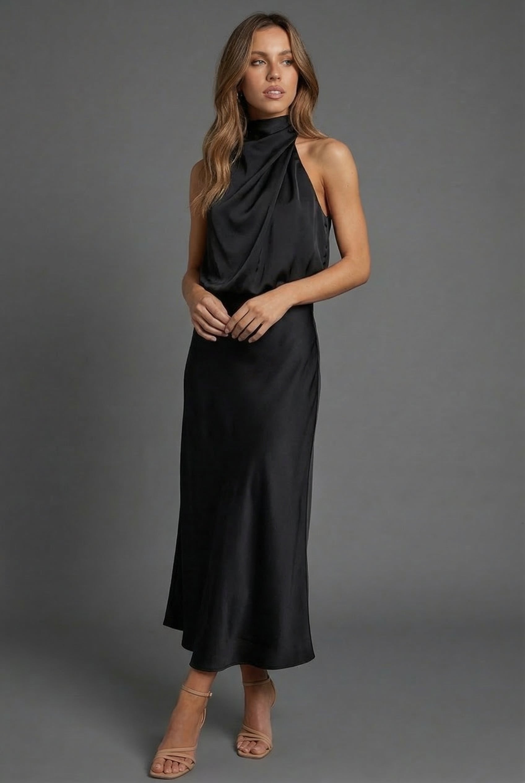 Hermione | Halter Satin Summer Wedding Guest Midi Dress