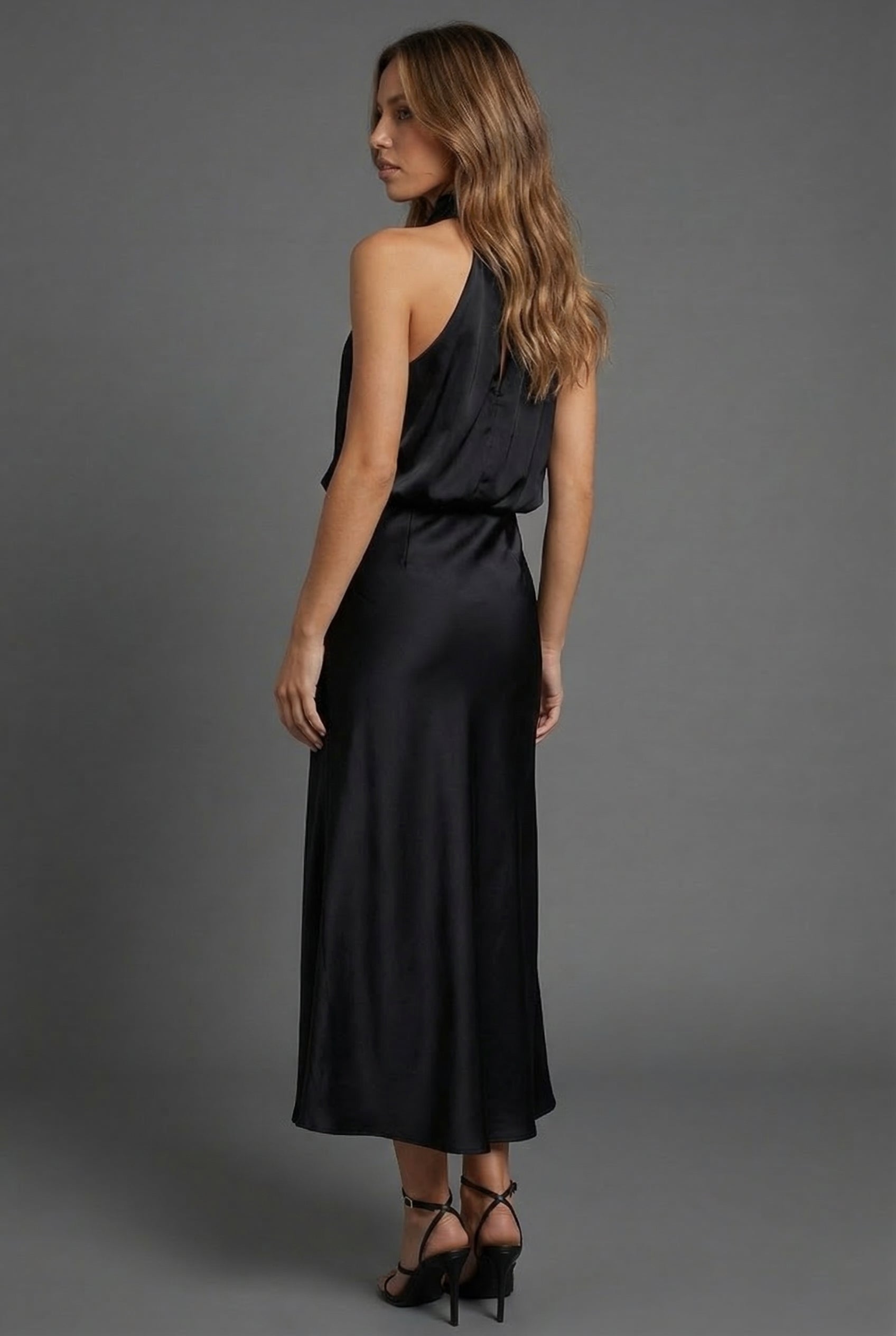 Hermione | Halter Satin Summer Wedding Guest Midi Dress