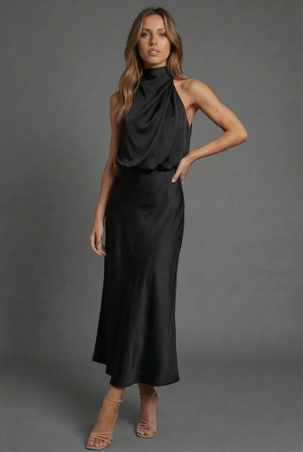 Hermione | Halter Satin Summer Wedding Guest Midi Dress