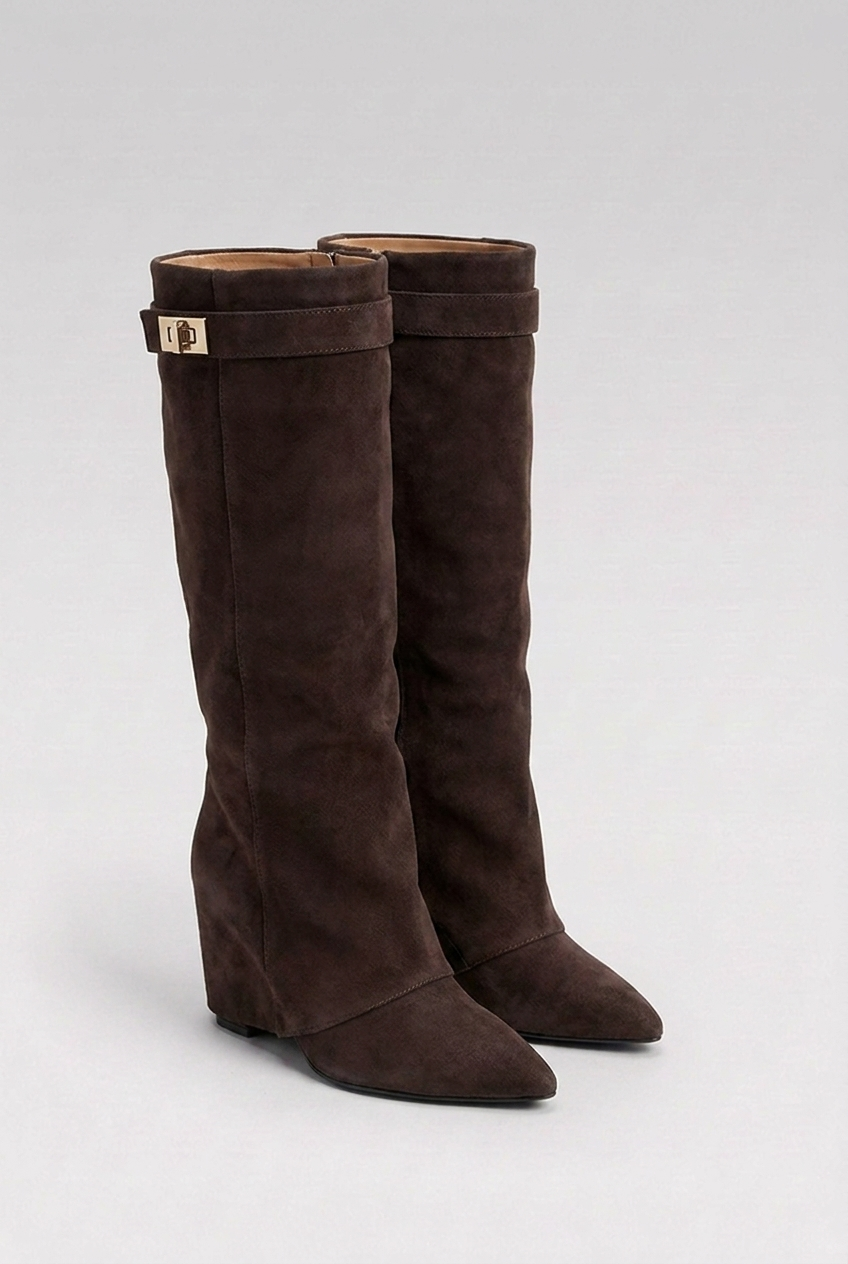 Alexandra | Black Block Heel Knee High Slouchy Heeled Boots — Brown