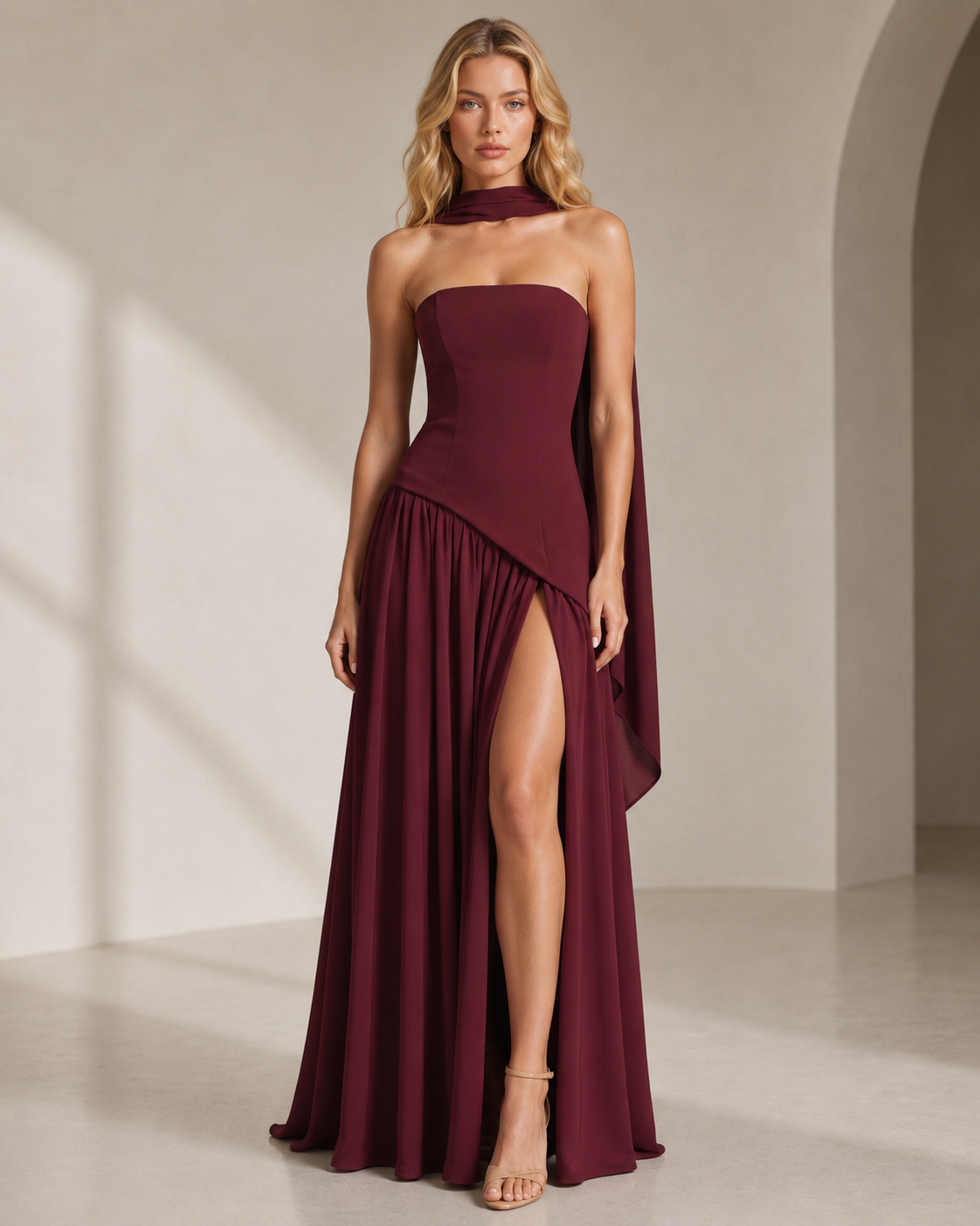 Margaux | Black Strapless Corset Maxi Dress With Scarf Neck — Wine