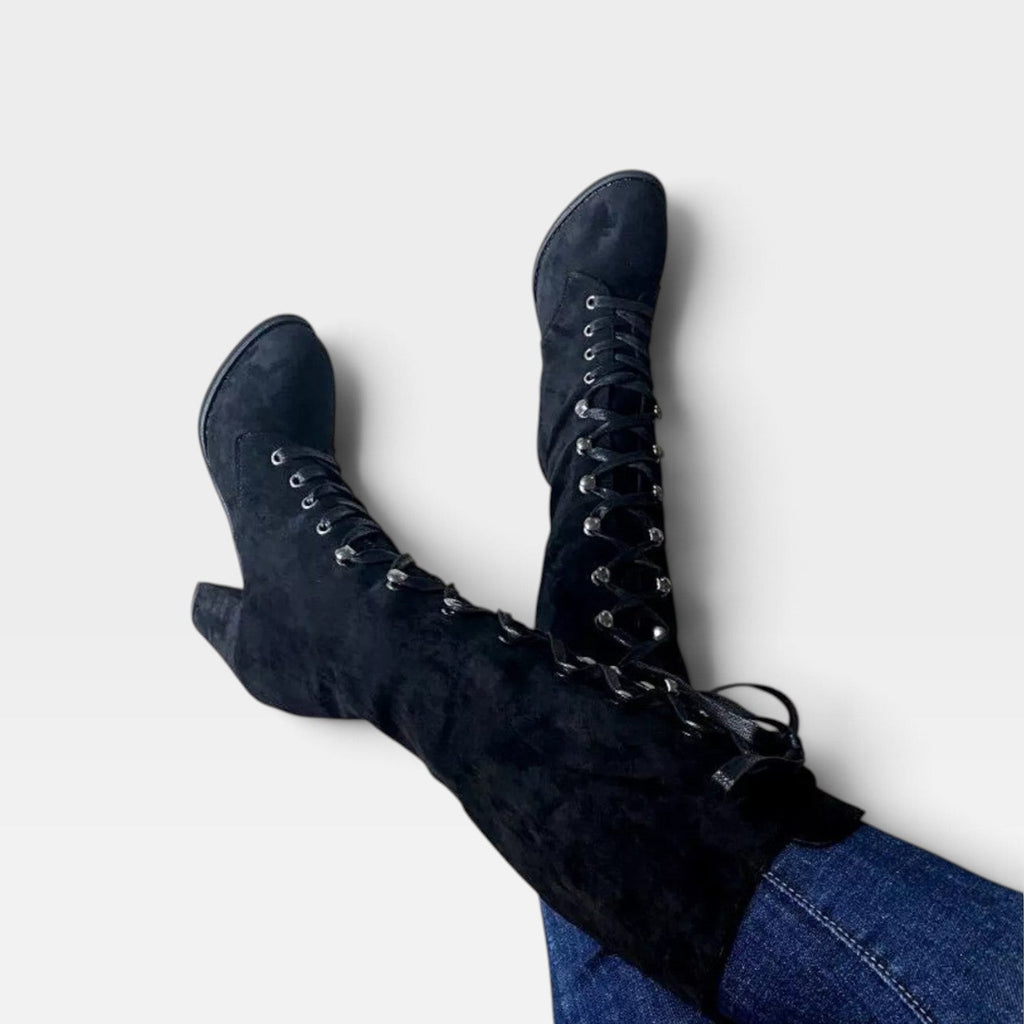 Arabella | Black Brown Lace Up Leather Block Heel Ankle Boots