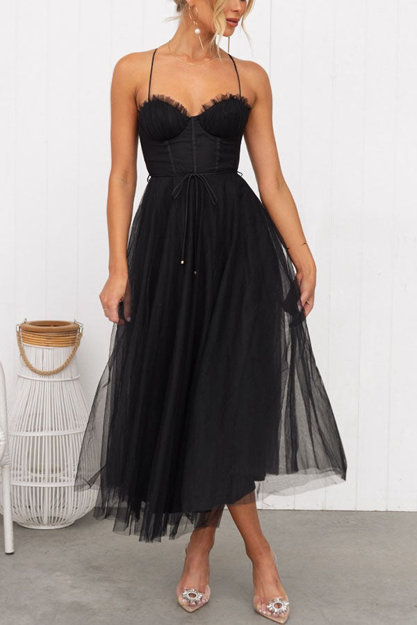 Esmee | Black Corset Tulle Midi Dress For Weddings And Events