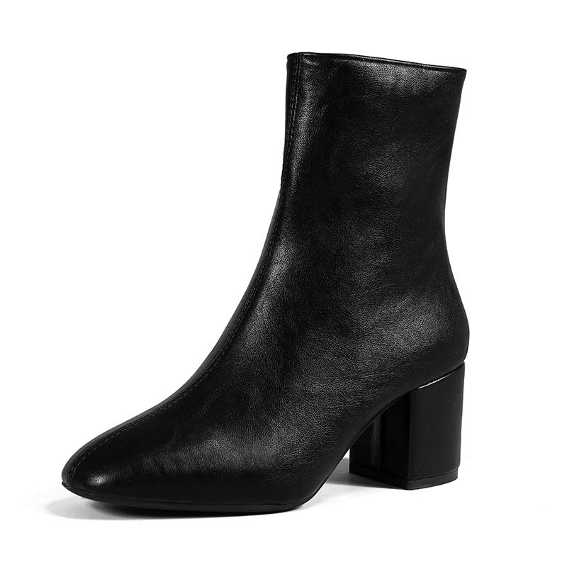 Camille | Black Low Block Heel Leather Ankle Boots
