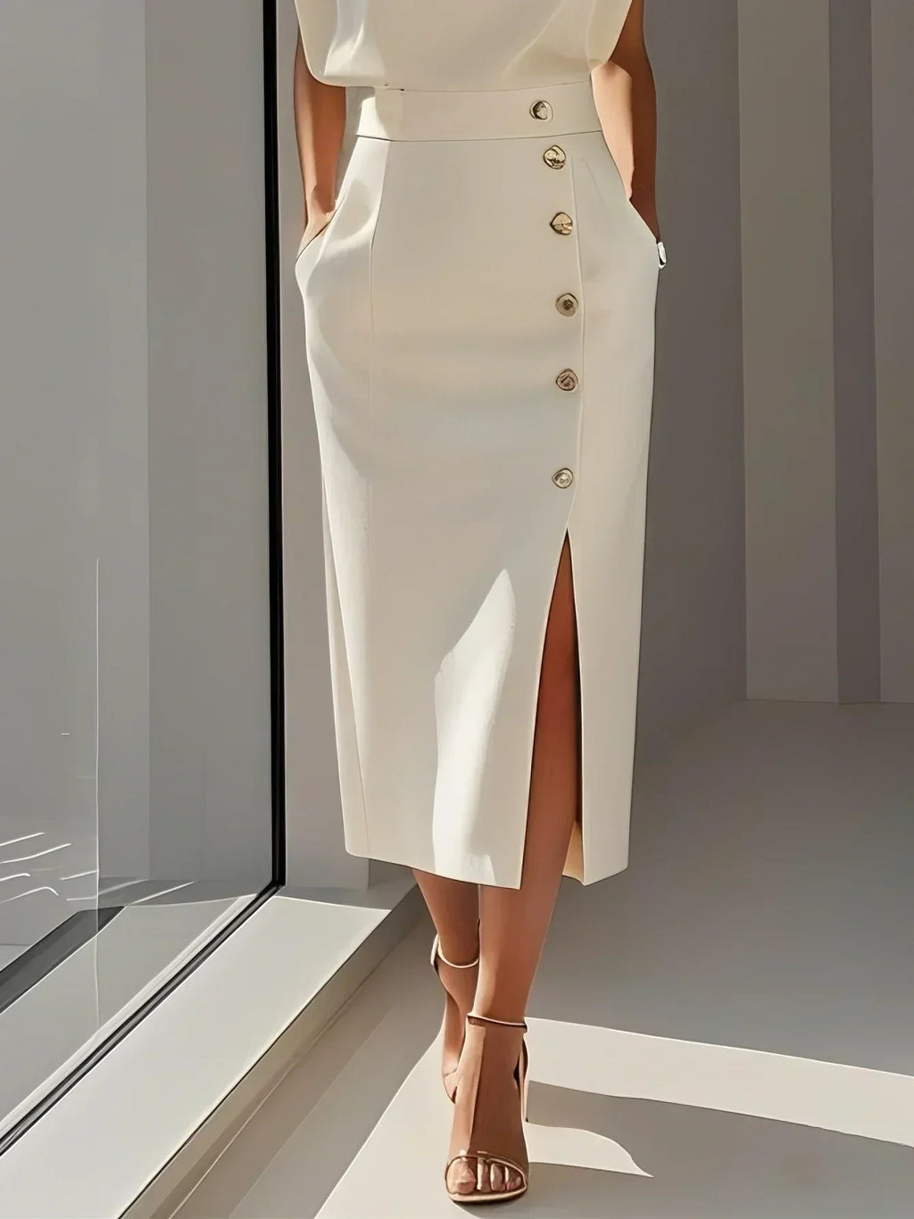 Octavia | Women Formal Midi Dress With Button Slit Detail