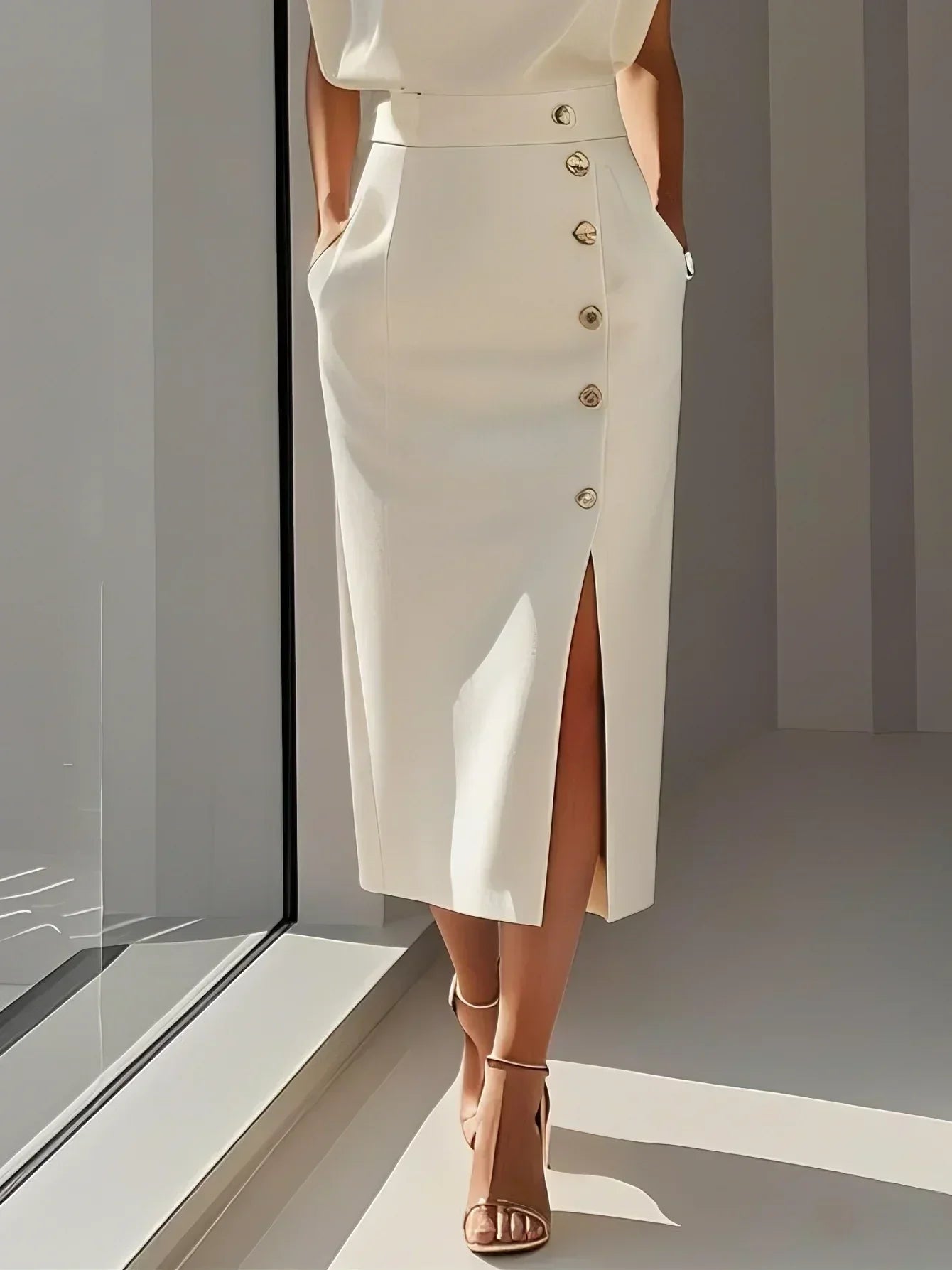Octavia | Women Formal Midi Dress With Button Slit Detail