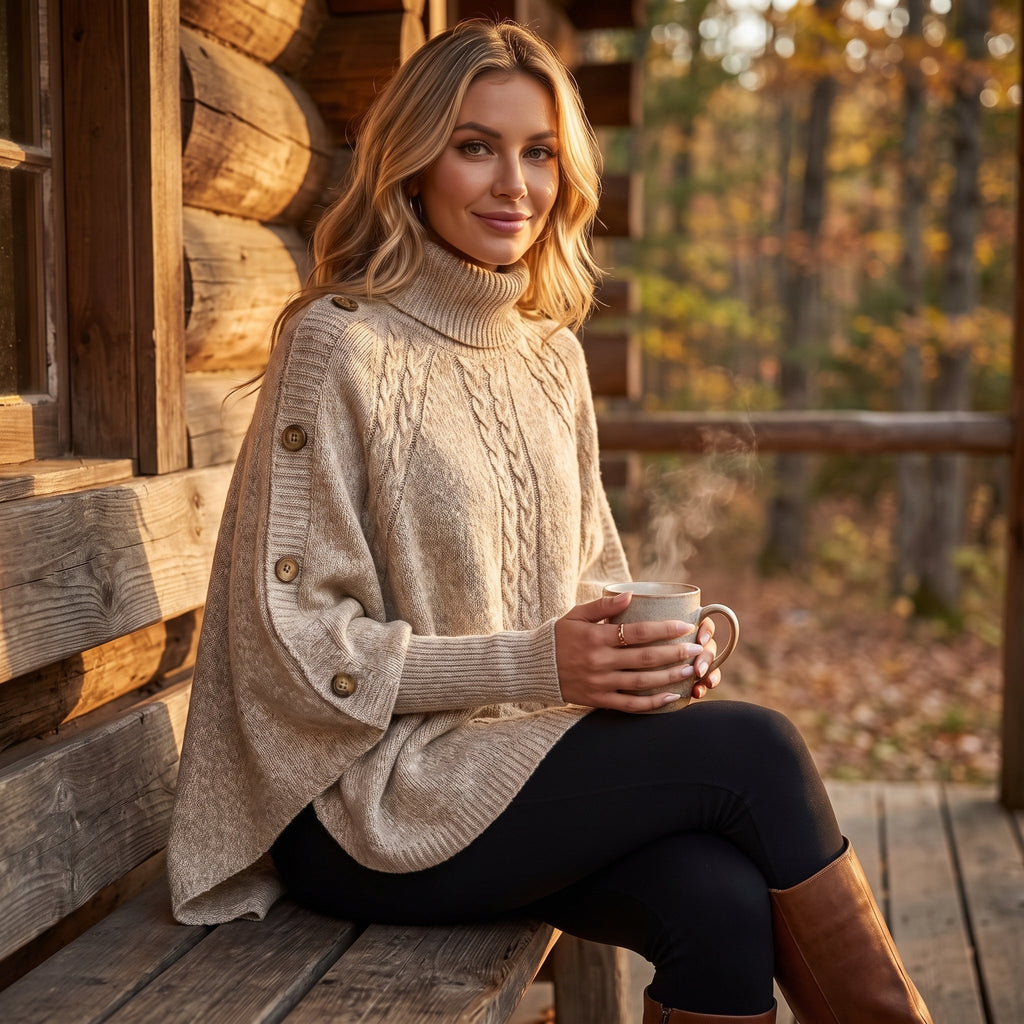 Fleur | Oversized Chunky Cable Knit Turtleneck Long Cardigan Sweater