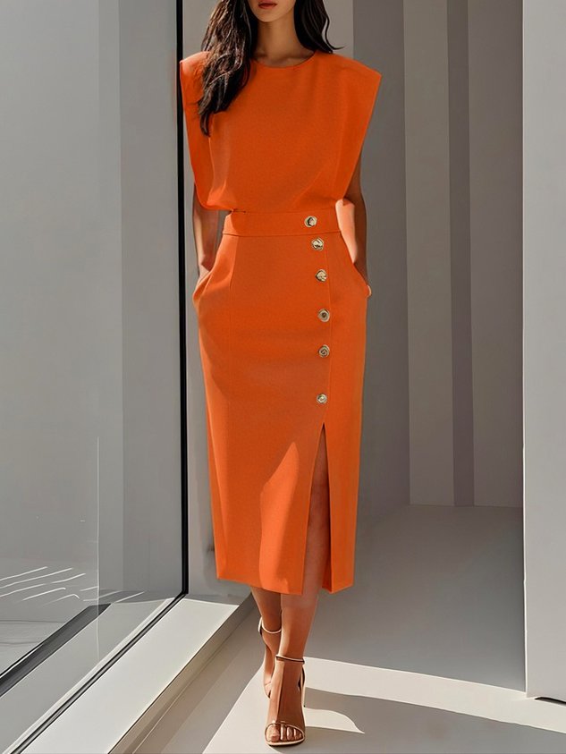 Octavia | Women Formal Midi Dress With Button Slit Detail — Orange