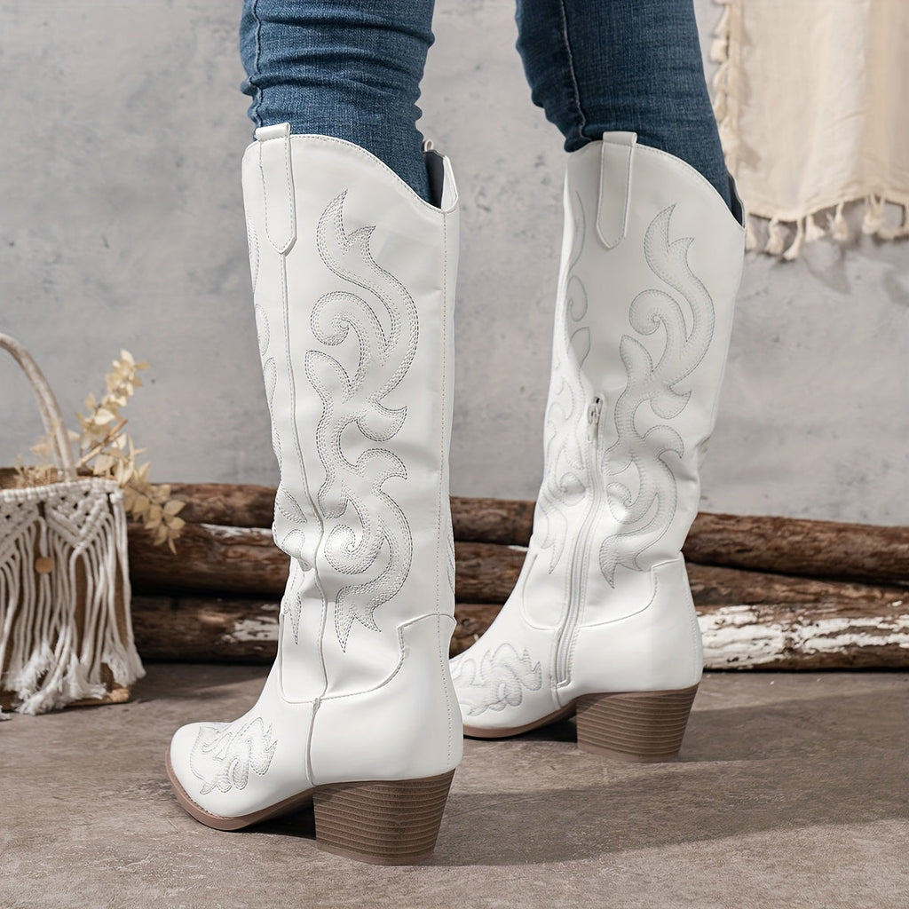 Celestine | Western Leather Knee High Block Heel Cowboy Boots — White