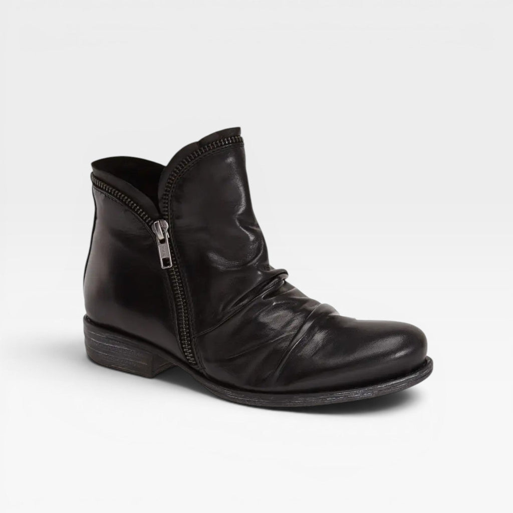 Liliana | Black Leather Low Heel Ankle Boots With Side Zip — Black