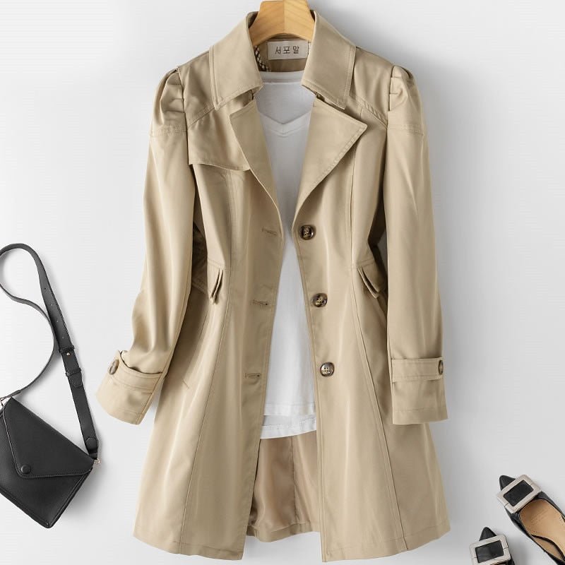 Mathilde | Fur Trim Single Breasted Classic White Brown Trench Coat — Khaki