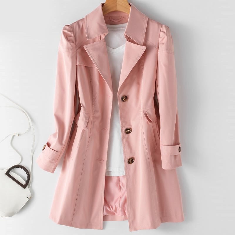 Mathilde | Fur Trim Single Breasted Classic White Brown Trench Coat — Pink