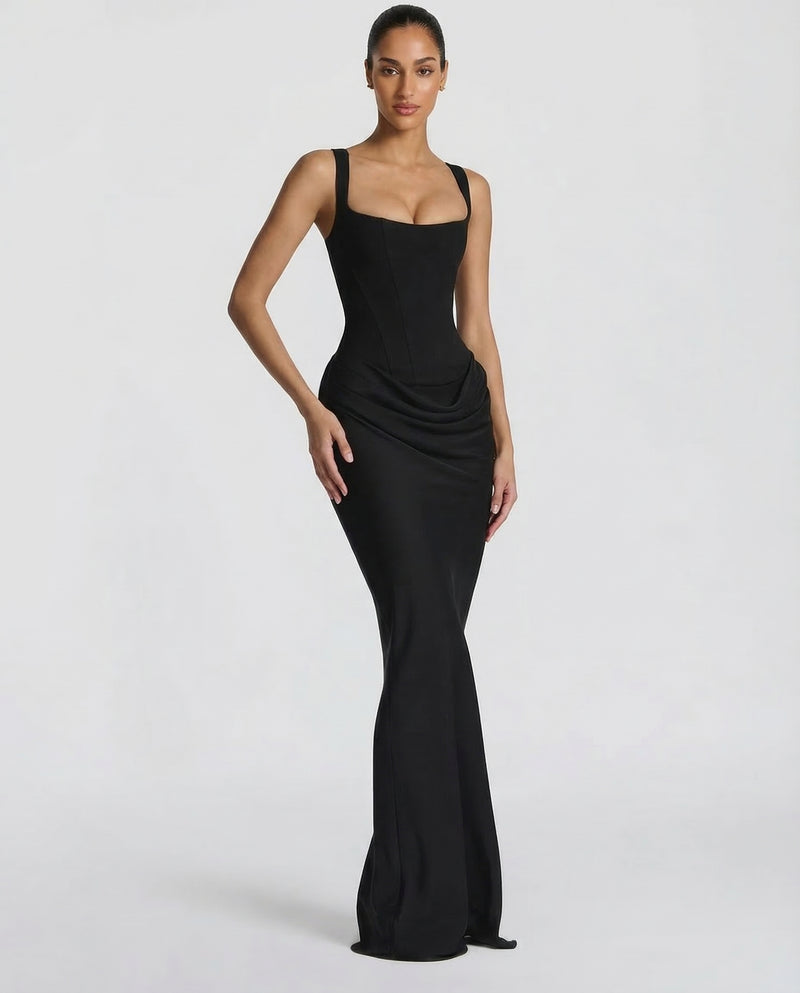 Lucienne | Black Corset Cowl Maxi Dress Evening Gala Formal