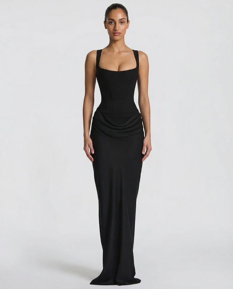 Lucienne | Black Corset Cowl Maxi Dress Evening Gala Formal