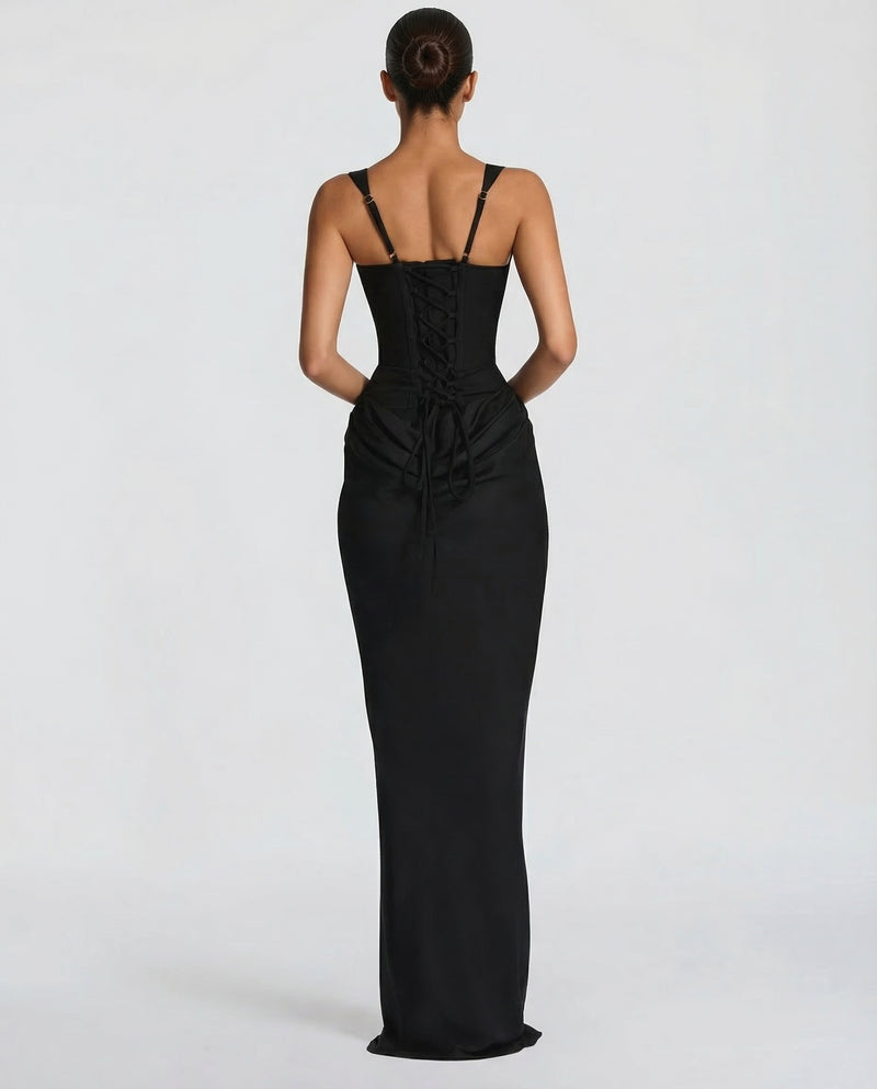 Lucienne | Black Corset Cowl Maxi Dress Evening Gala Formal