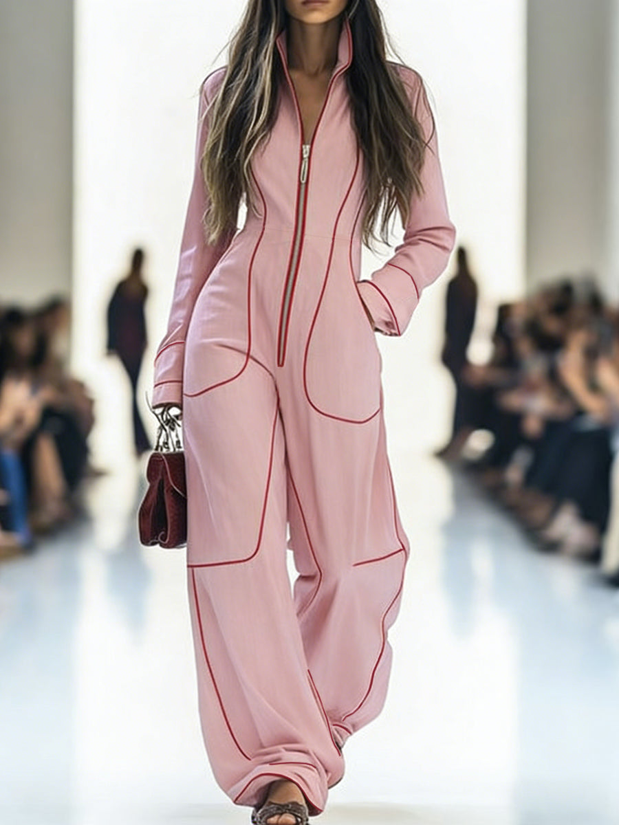 Josephine | Long Sleeve Wide Leg Denim Jumpsuit White Strapless — PINK