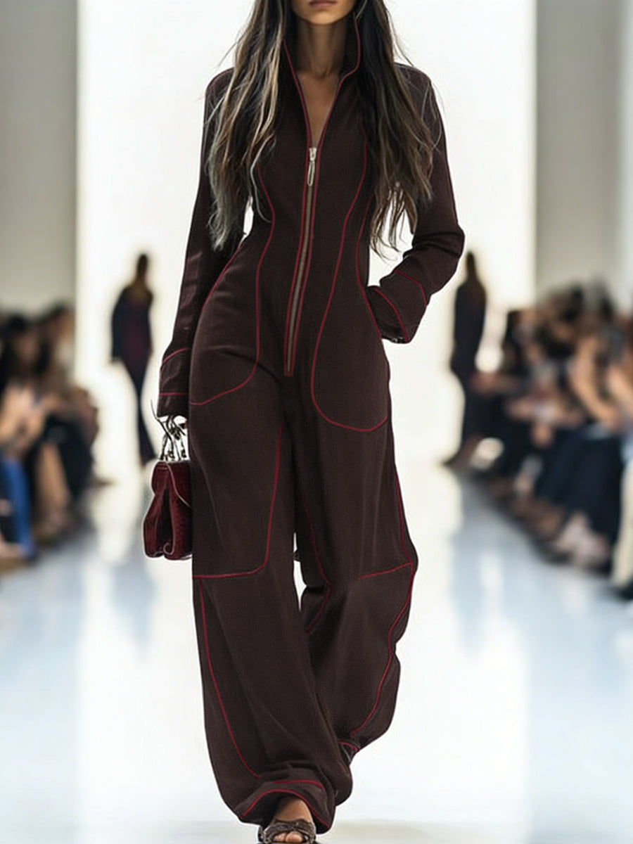 Josephine | Long Sleeve Wide Leg Denim Jumpsuit White Strapless — COFFEE
