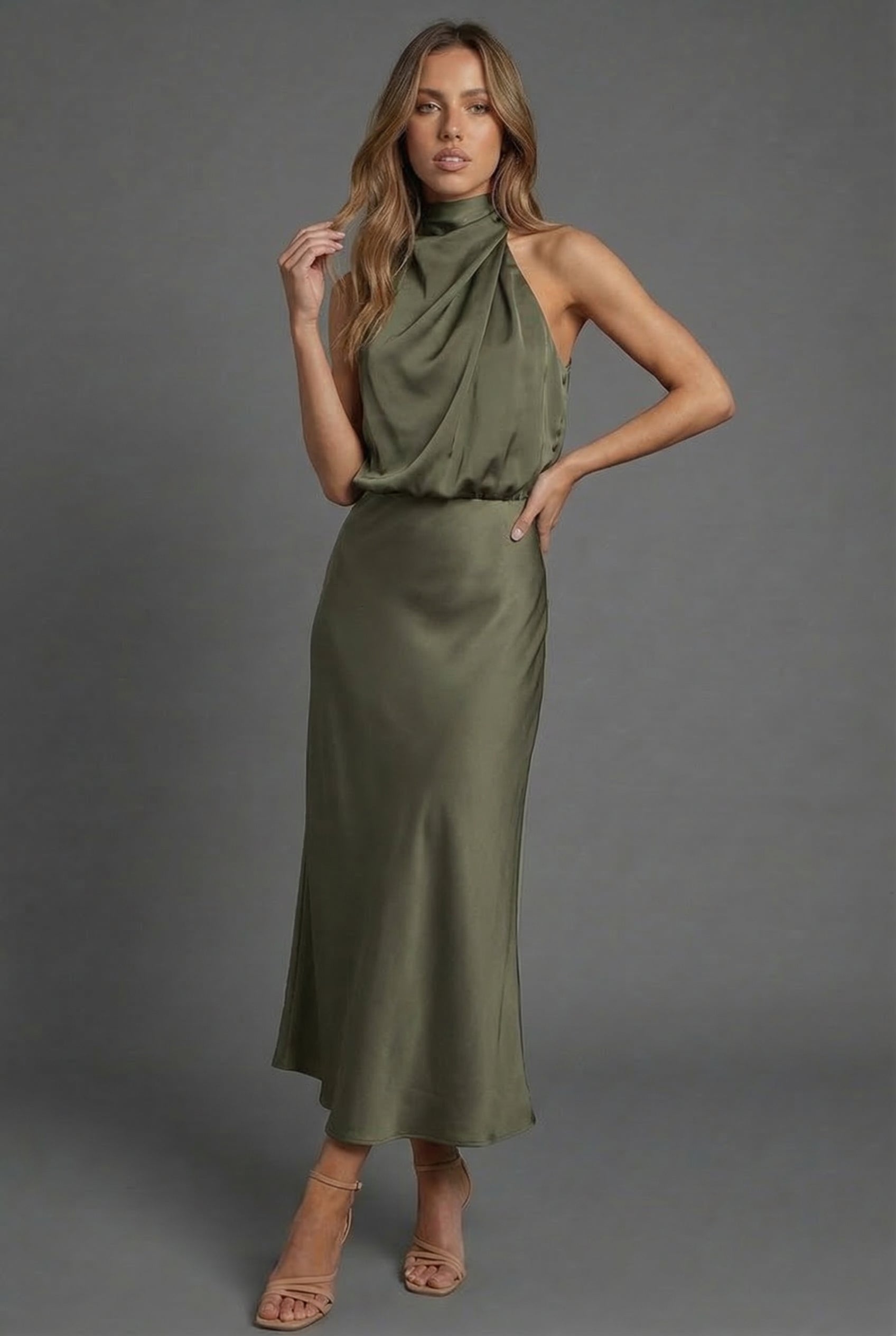 Hermione | Halter Satin Summer Wedding Guest Midi Dress