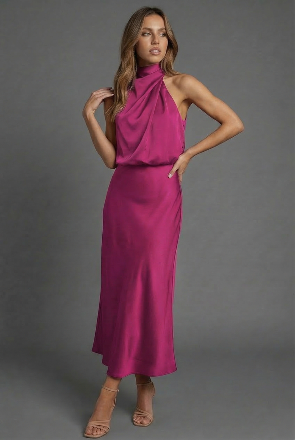 Hermione | Halter Satin Summer Wedding Guest Midi Dress