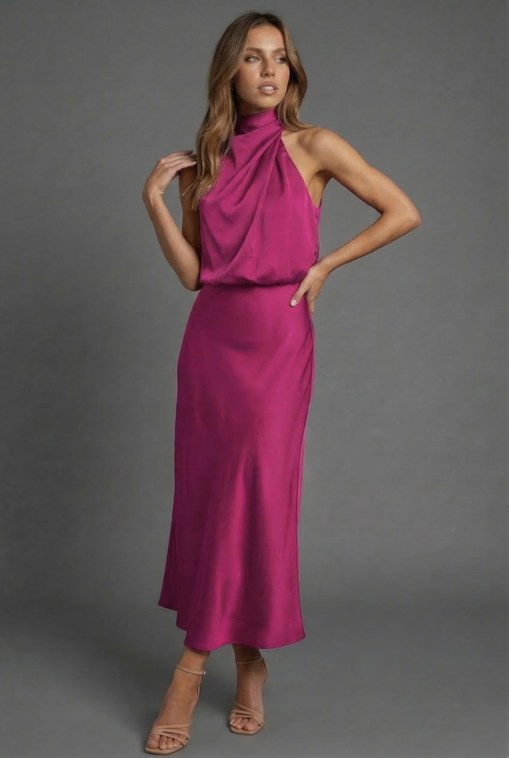 Hermione | Halter Satin Summer Wedding Guest Midi Dress
