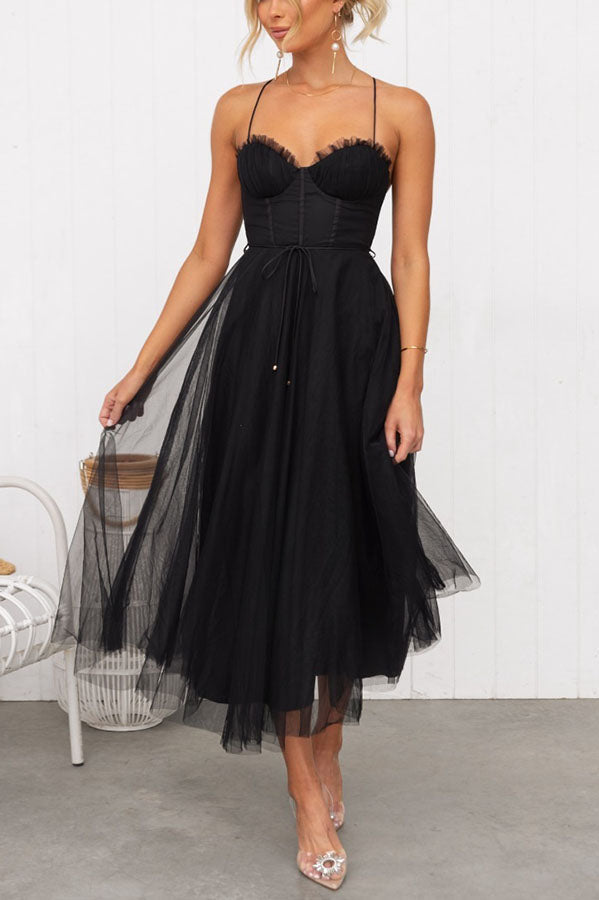 Esmee | Black Corset Tulle Midi Dress For Weddings And Events